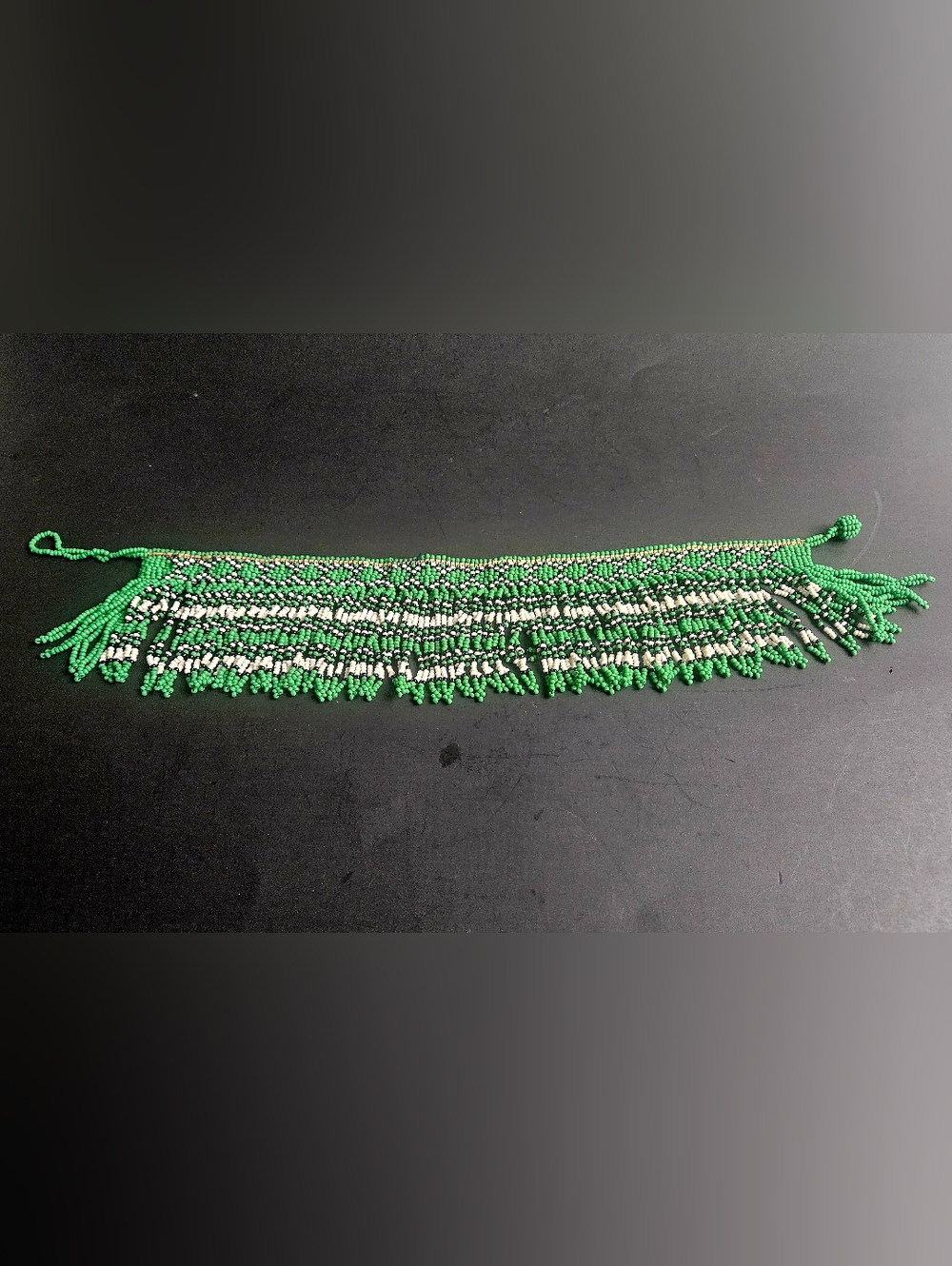 Vintage Zulu Tribal Beaded Fringe Choker Necklace Green White Black Statement